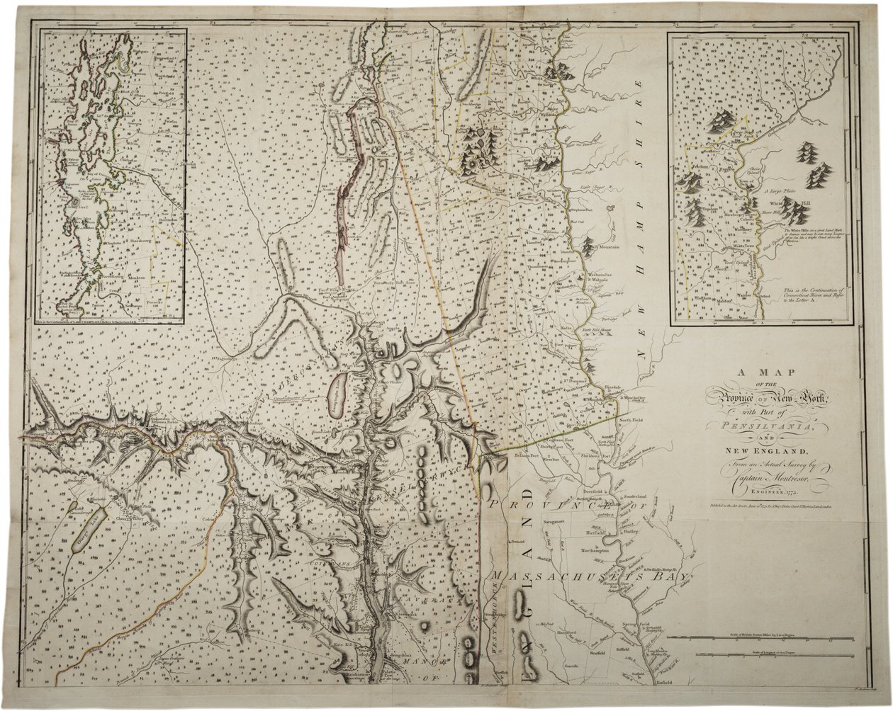 Et kort over provinsen New York med en del af Pennsylvania og New England, fra en faktisk undersøgelse af kaptajn Montrésor, ingeniør, 1775, 10. juni 1775 af John Montresor
