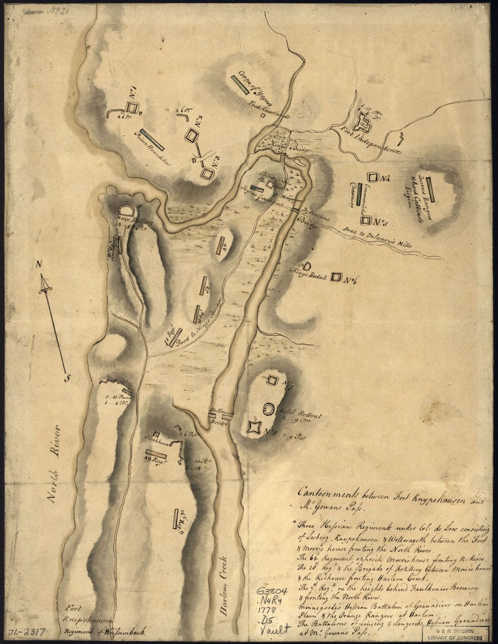 (Fordeling af britiske tropper med befæstninger nord for Fort Knipehausen, dvs. fra Fort Washington til Fort Independence. LOC gm71002317 af John Montresor