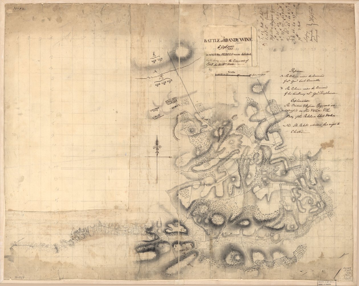 Slaget ved Brandywine, 11. sept. 1777, hvor oprørerne blev besejret af hæren under ledelse af general Sir Willm. Howe. LOC gm71000927 af John Montresor