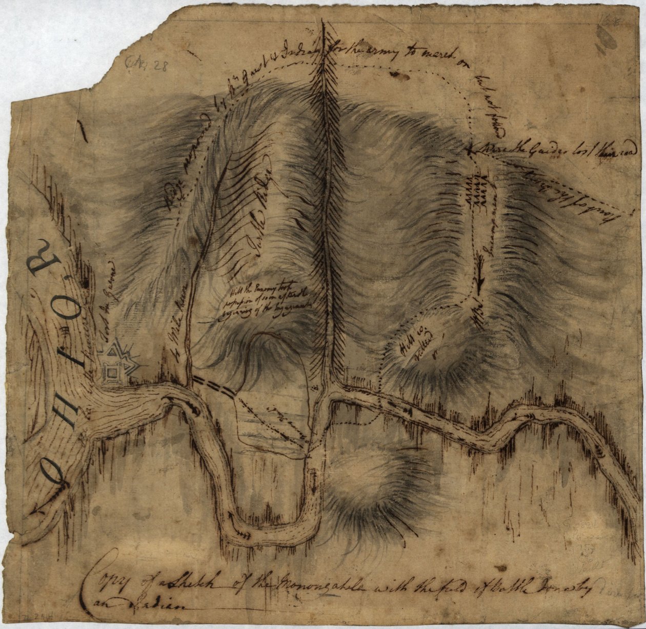 Kopi af en skitse af Monongahela med slagmarken, LOC gm71002314 af John Montresor