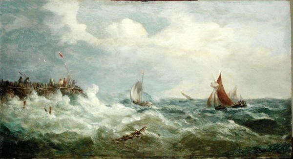 Både, der laver til havnemunden (olie på panel) af John Moore