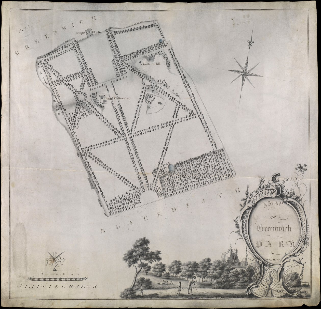 Plan over Greenwich Park, der viser det kongelige observatorium, One Tree Hill og Ranger