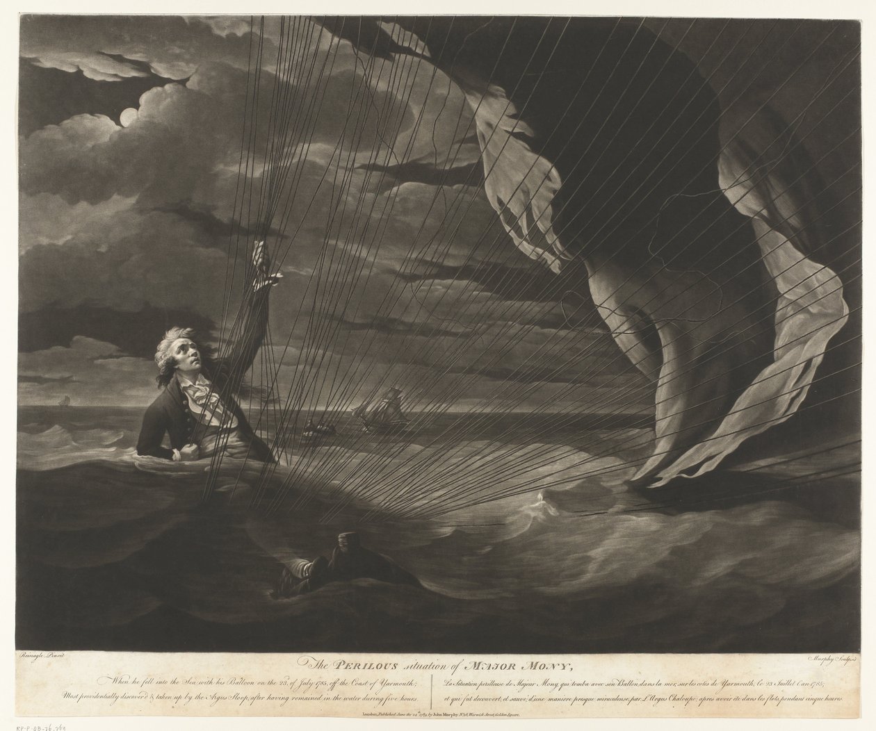 John Money med sin ballon styrtede i havet The Perilous Situation of Major Mony, 23. juli 1785 (titel på objekt) af John Murphy