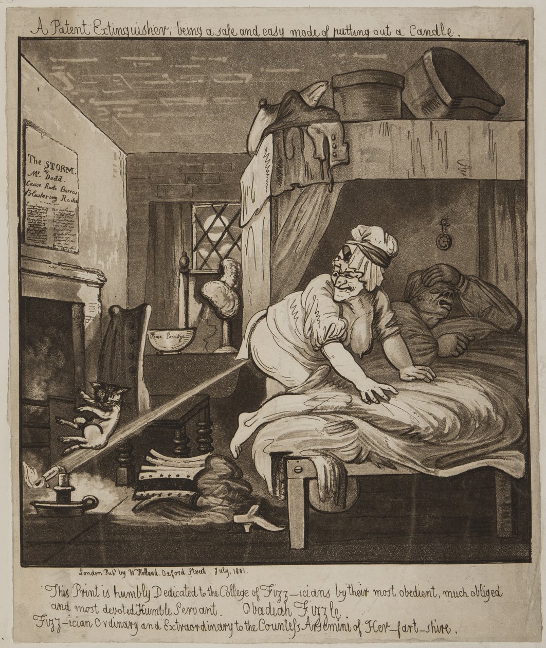 En patentslukker, der er en sikker og nem tilstand Slukke et stearinlys, 1801 (akvatint) af John Nixon