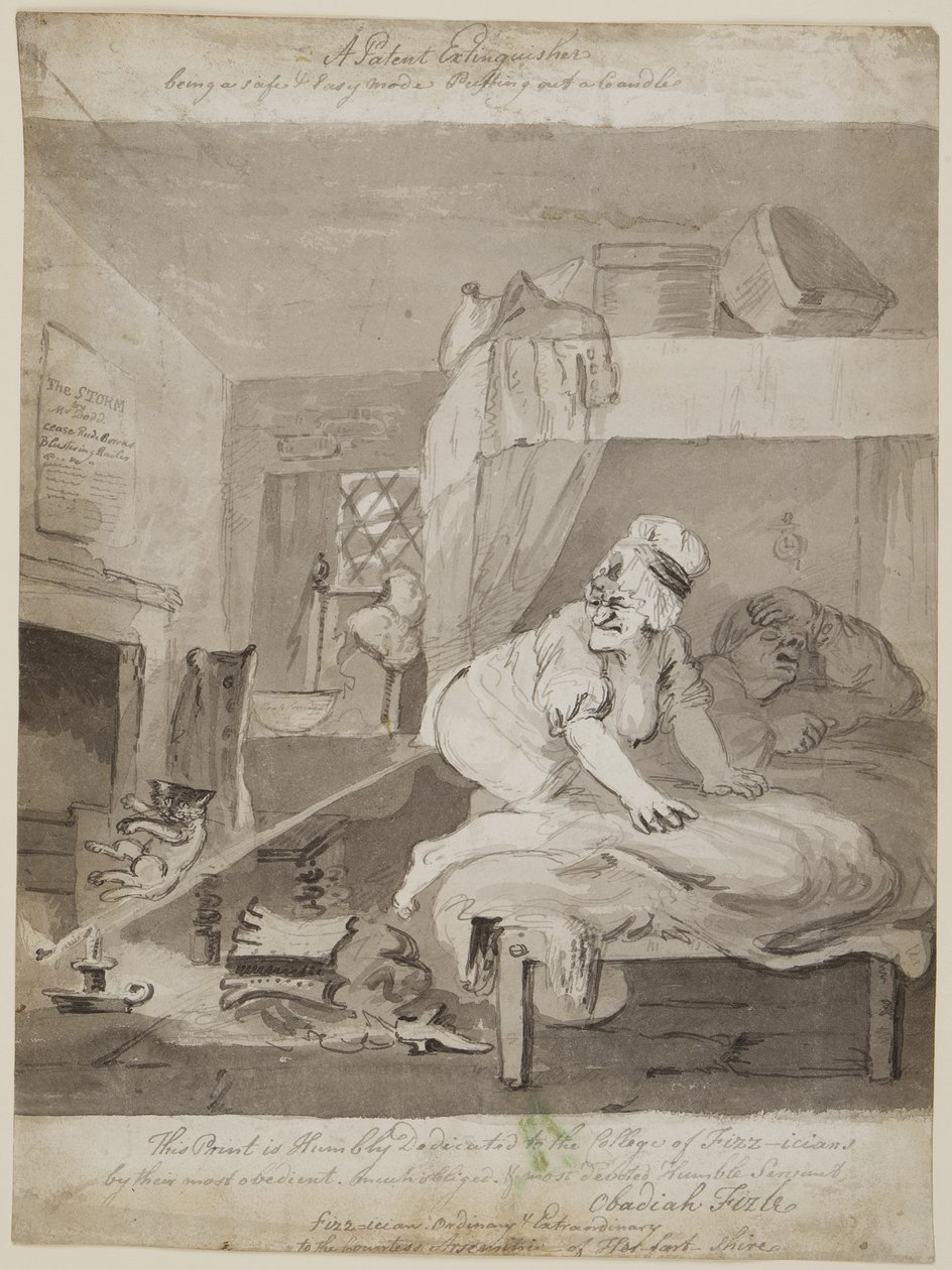 En patentslukker, der er en sikker og nem tilstand. Slukke et stearinlys, 1801 (pen, pensel og blæk på papir) af John Nixon