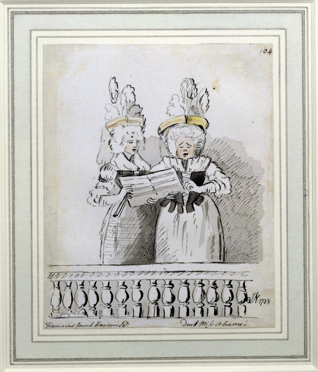En duet af Miss Harriett og Miss Theodosia Abrams, Harrisons Concert, Hanover Square, 1788 (blæk og vask) af John Nixon