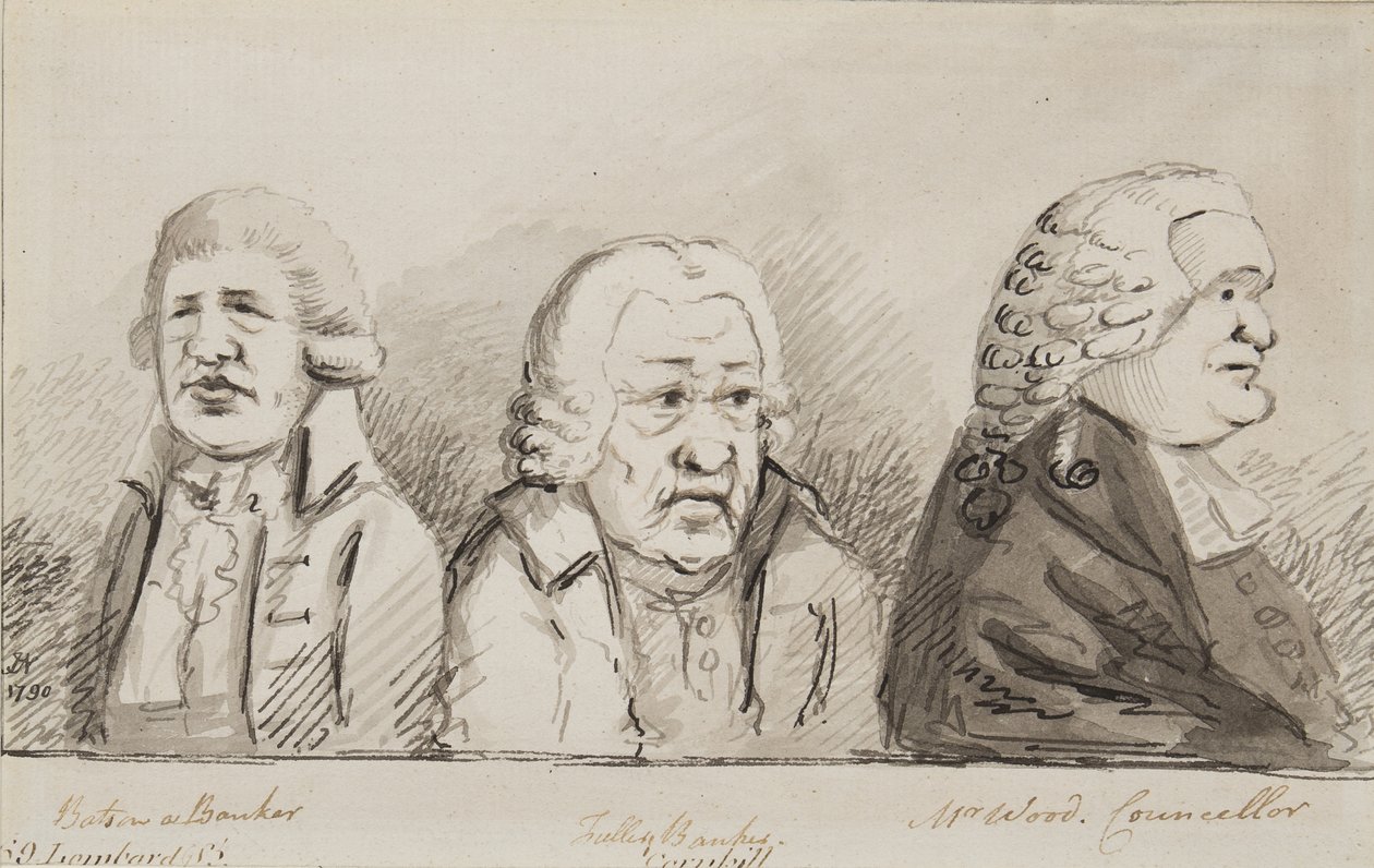 Batson, a Banker, Tulley, Banker, Mr Wood, Councillor, 69 Lombard Street, Cornhill, 1790 (pen, pensel og blæk på papir) af John Nixon