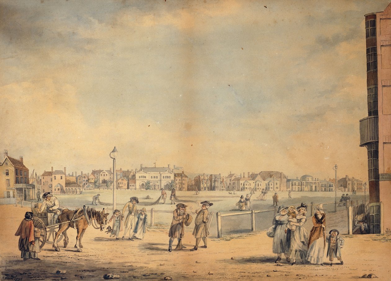 Brighton, der viser Miss Widgetts cirkulerende bibliotek, Marlborough House, Castle Inn and Assembly Rooms og Marine Pavilion, 1792 af John Nixon