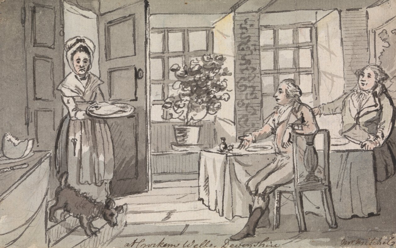 Figurer, der sidder ved et bord, der serveres mad, Crockem Wells, Devonshire af John Nixon
