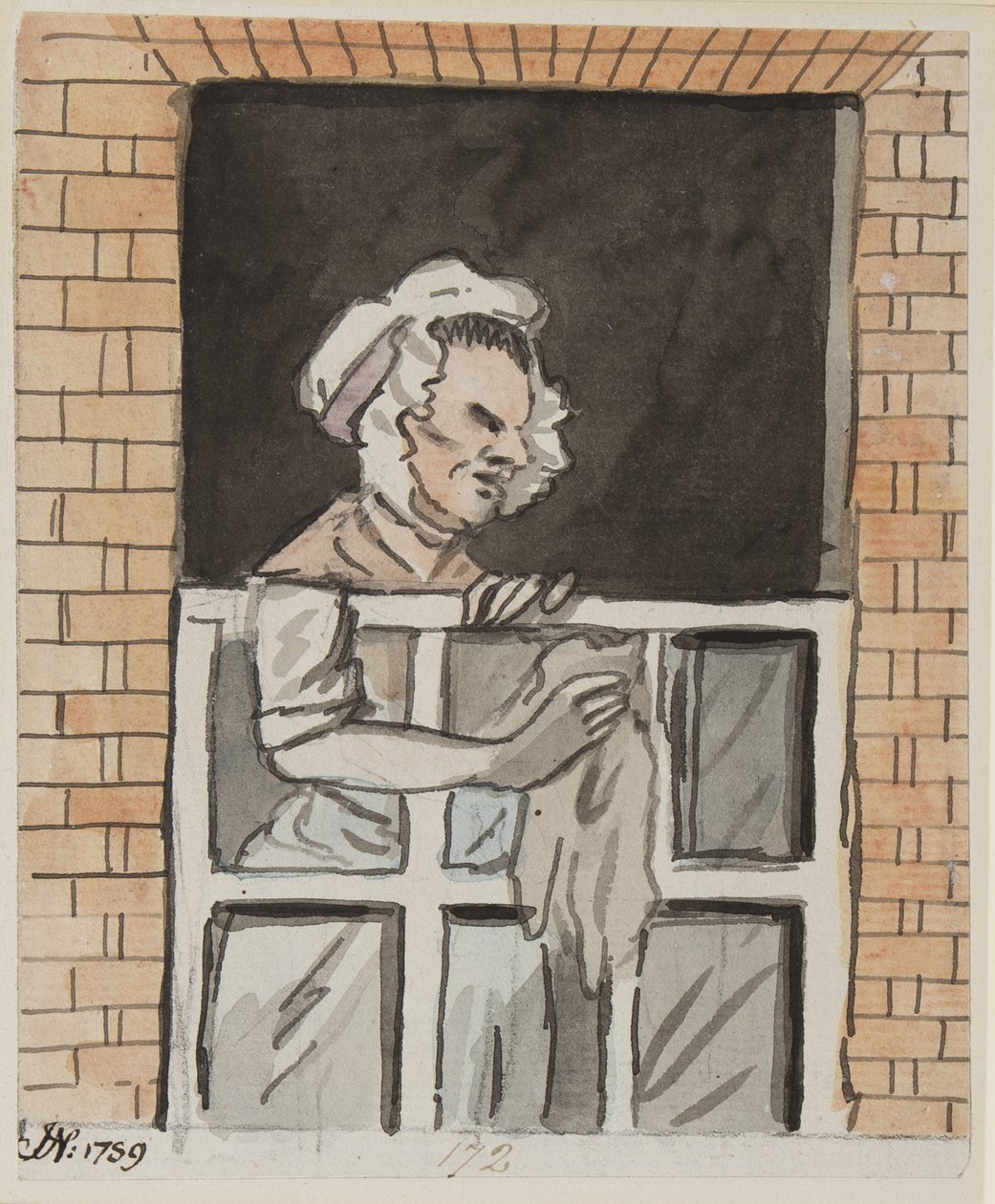 Tjenestepige rengøring vindue, 1789 (blæk & wc på papir) af John Nixon