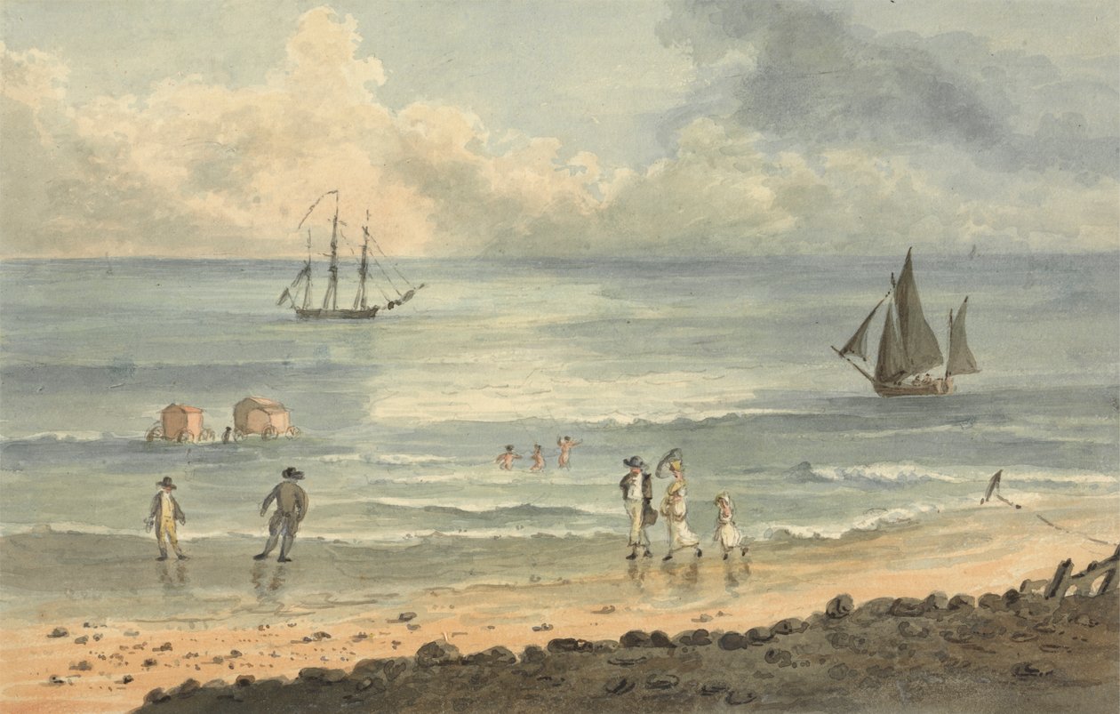 On the Sands at Brighton: Figures Walking on the Shore af John Nixon