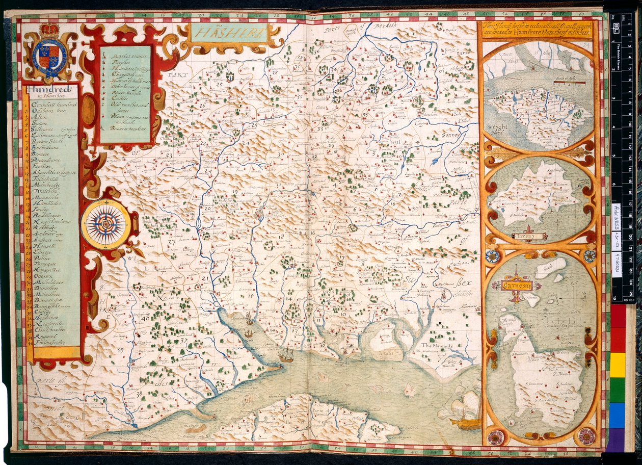 Tilføje. 31853, ff.23-24, Southampton, Hampshire: Beskrivelse af, af J. Norden, med kort: 1595 (farvestik) af John Norden