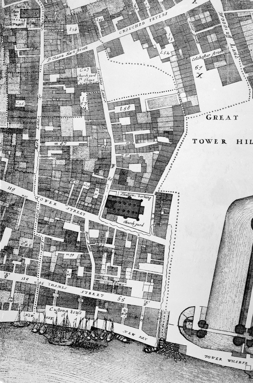 Detalje af et stort og præcist kort over City of London (gravering) af John Ogilby