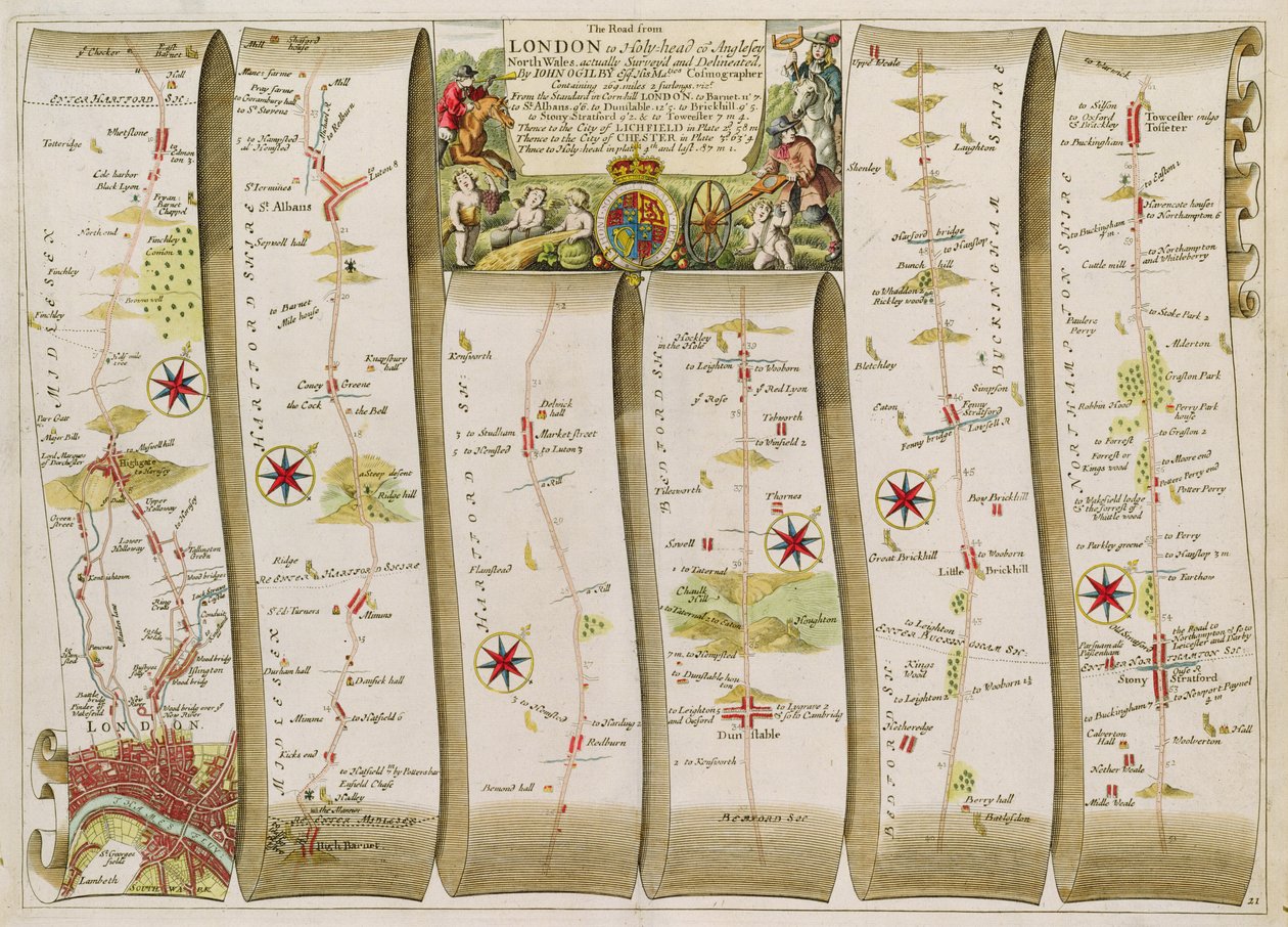 Vejen fra London til Holy-Head (farvegravering) af John Ogilby