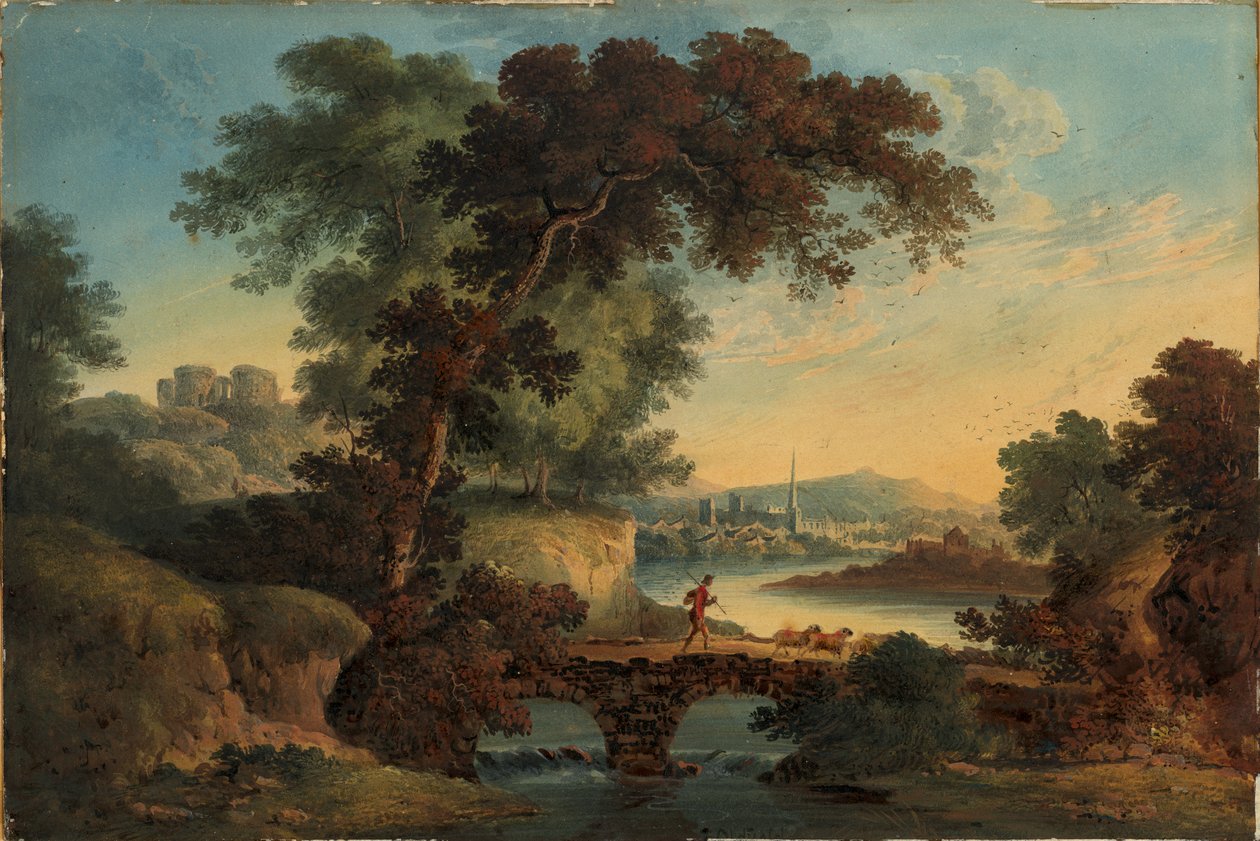Landskab med slot og bro, omkring 1808-20 (gouache og akvarel) af John Oldfield