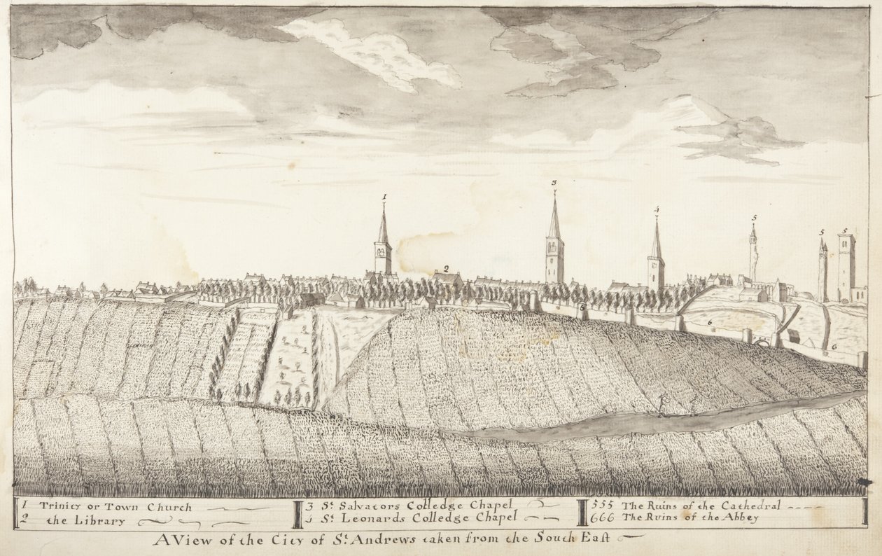 St Andrews Delineated - En udsigt over byen St Andrews taget fra det sydøstlige (pen & vask på papir) af John Oliphant