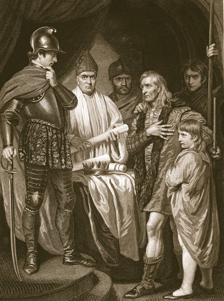 Baliol overgiver sin krone til Edward I, indgraveret af J. Parker, illustration fra David Humes 