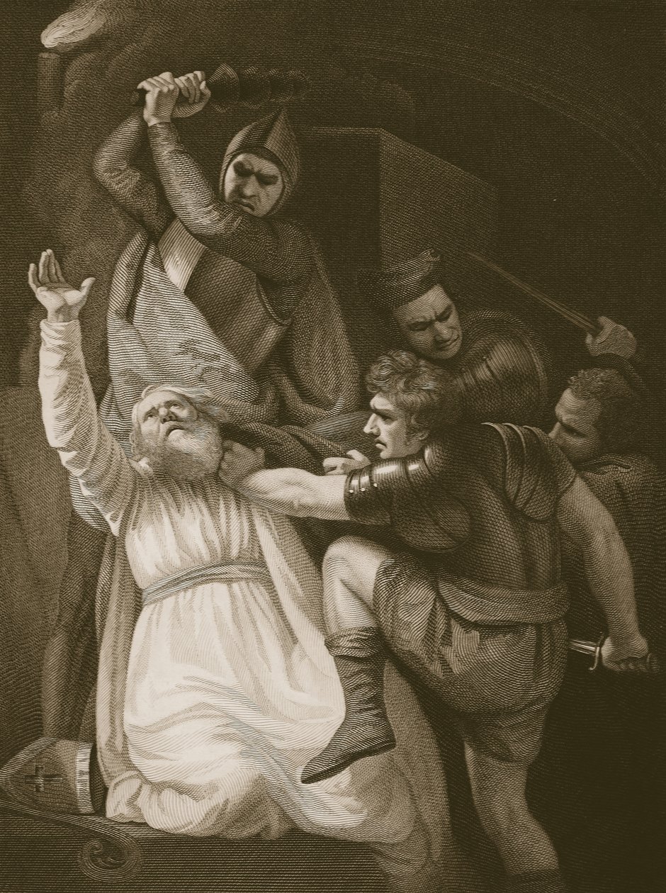 The Death of Becket, indgraveret af J. Stowe, illustration fra David Humes 
