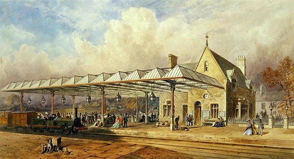 Jernbanestation, 1868 (wc og pen og blæk på papir) af John Osborn Brown