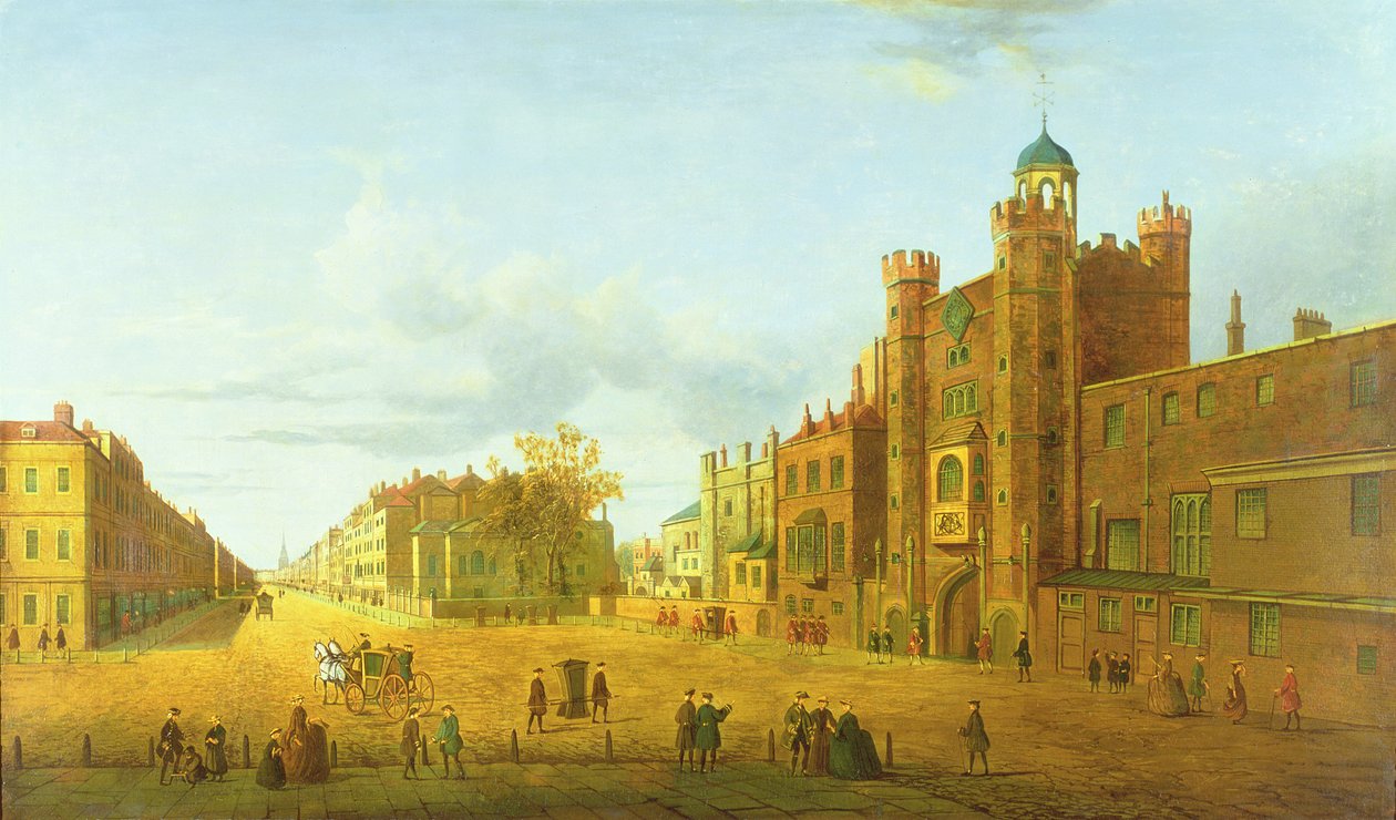 Udsigt over St. James" Palace, Looking Beyond Down Pall Mall, begyndelsen af det 19. århundrede af John Paul