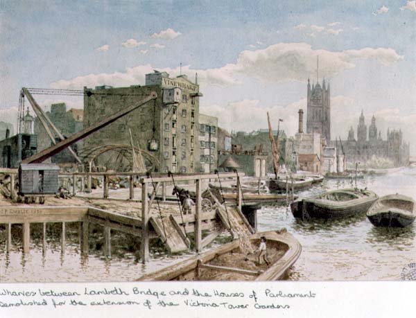 Riverside View af Wharves mellem Lambeth Bridge og Houses of Parliament af John Phillipp Emslie