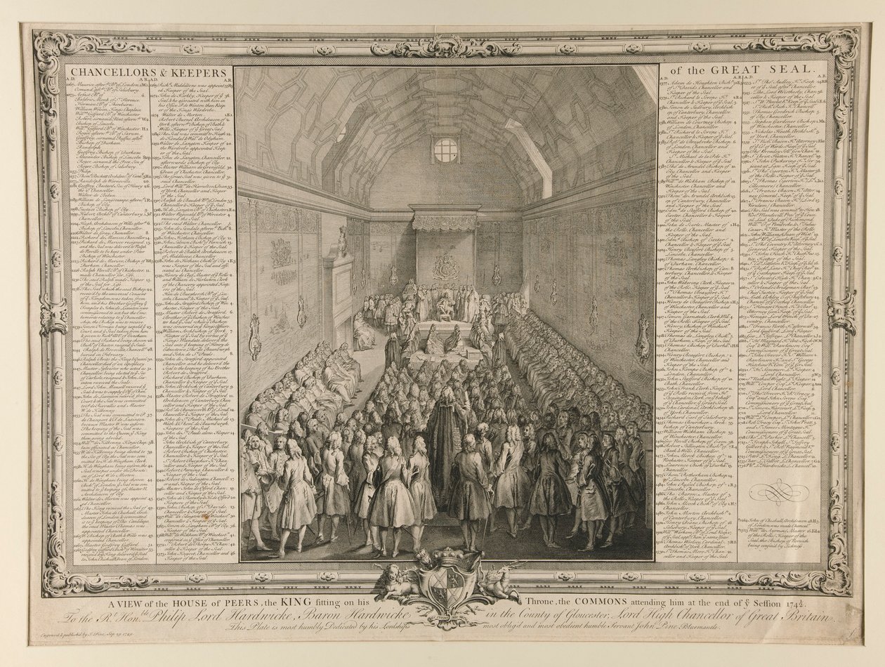Udsigt over jævnaldrendes hus, kongen siddende på sin trone, almuen til stede ved slutningen af sessionen 1741/2 af John Pine