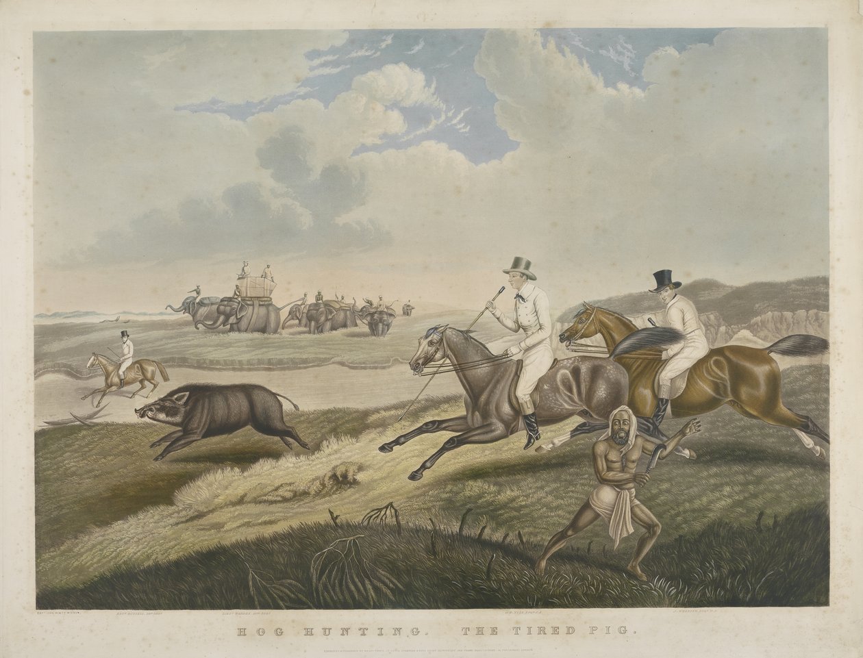 Hog Hunting: The Tired Pig, indgraveret af S.W. Fores (1785-1825) ca. 1840 (håndfarvet akvatint) af John Platt