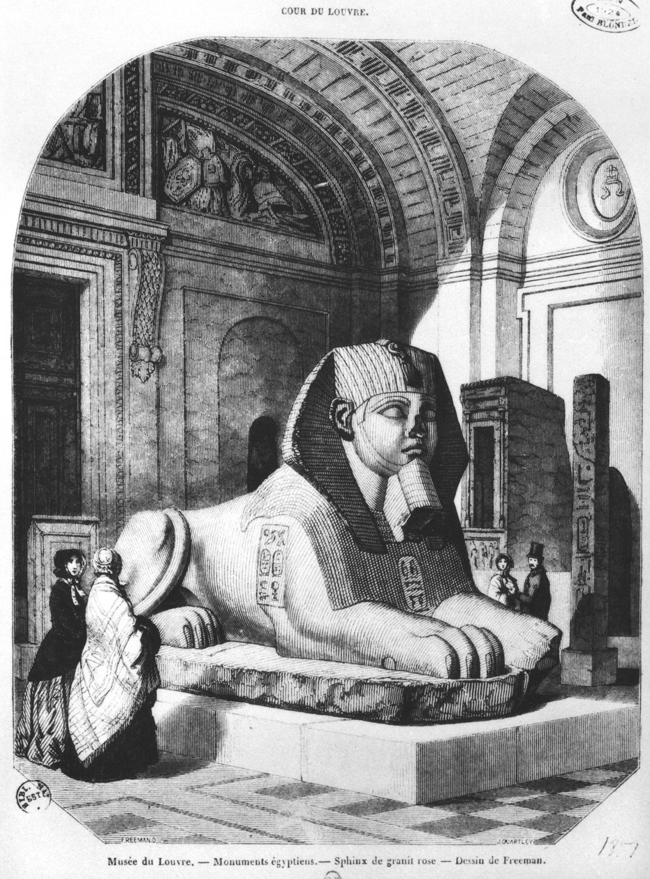 Den lyserøde granitsfinks i de egyptiske rum i Louvre-museet, illustration fra 