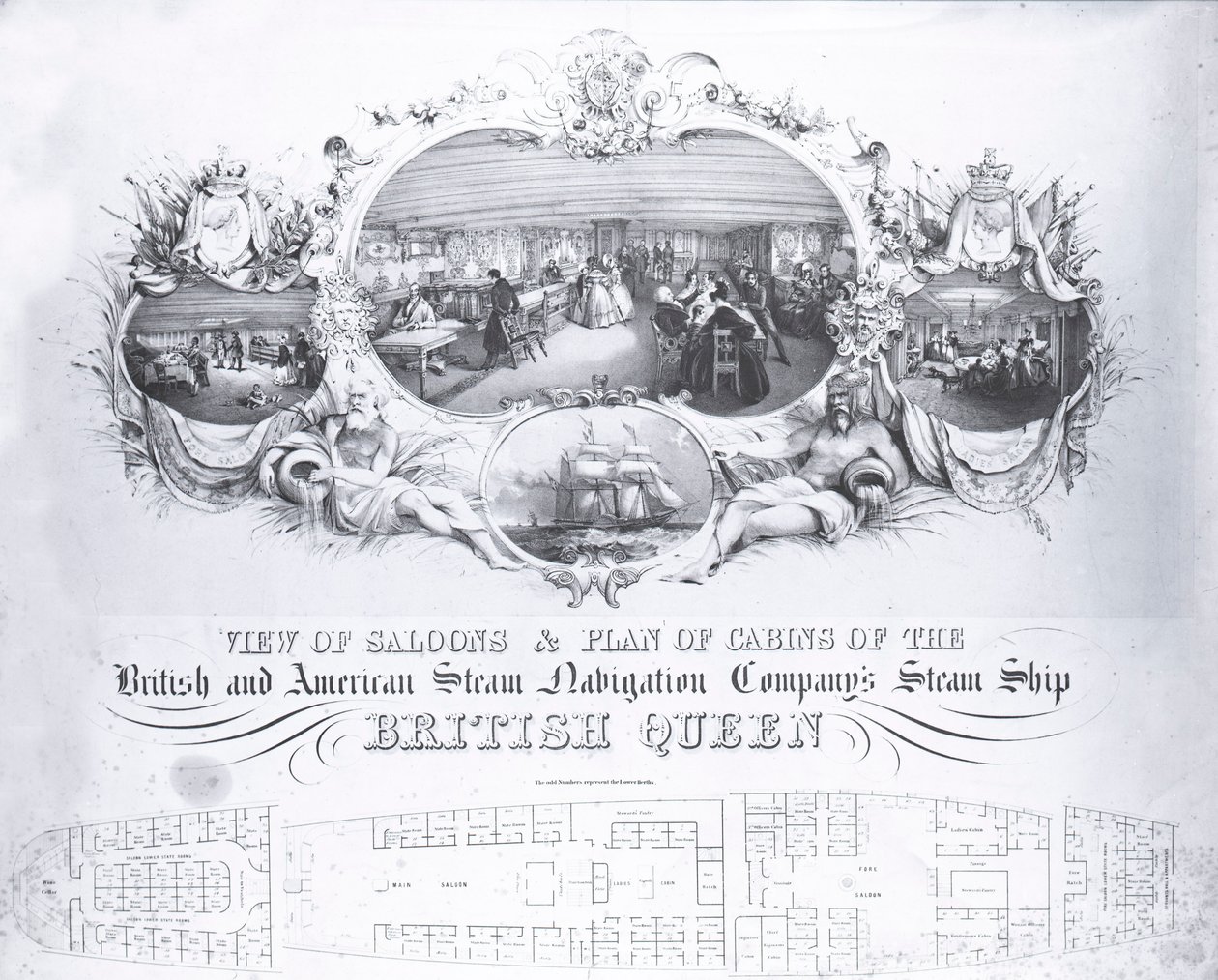 Udsigt over saloner og plan over kahytter på dampskibet den britiske dronning, ca. 1839 (litho) af John R. Isaac