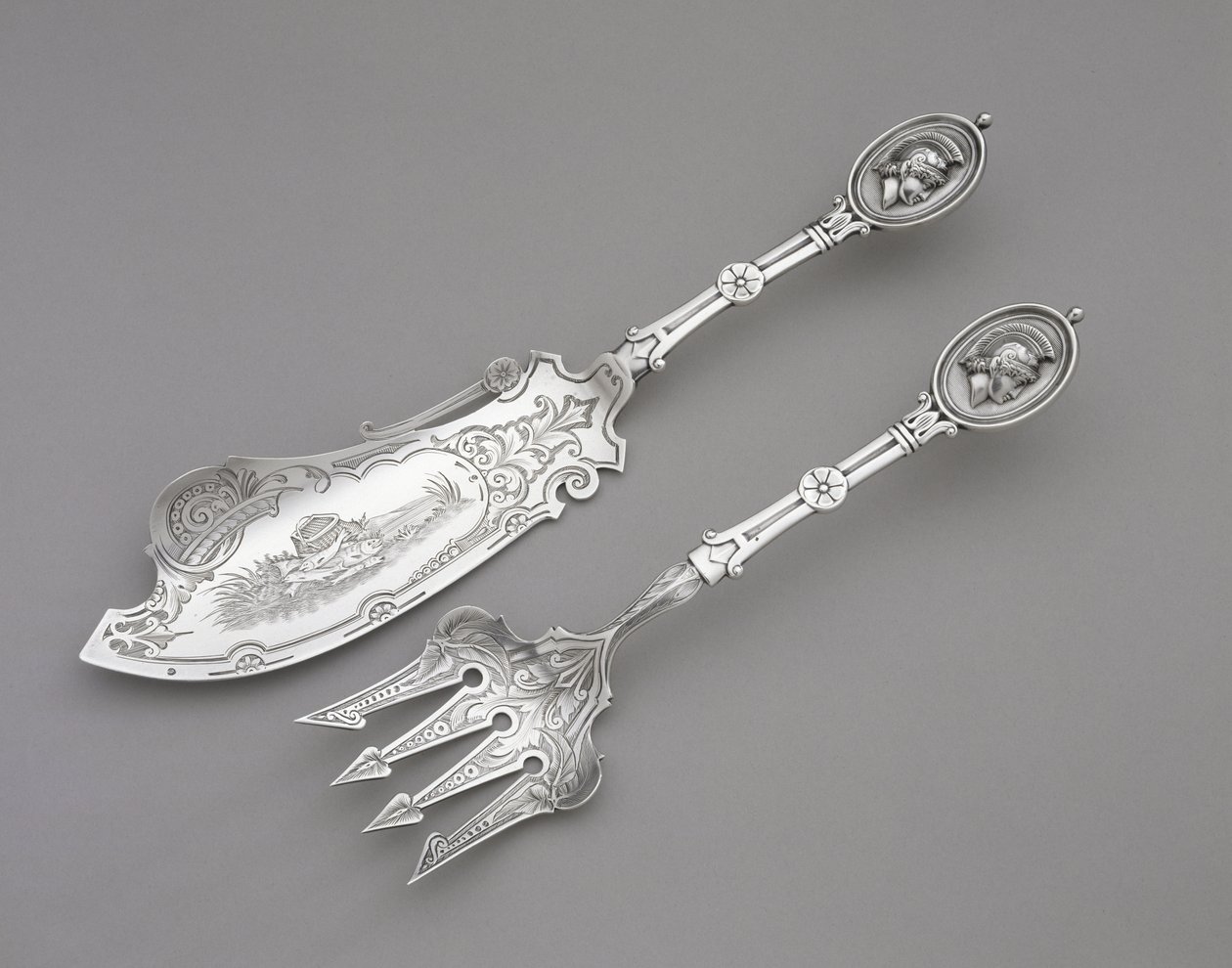 Fiskegaffel og kniv, ca. 1862-1870 (sølv) af John R. Wendt
