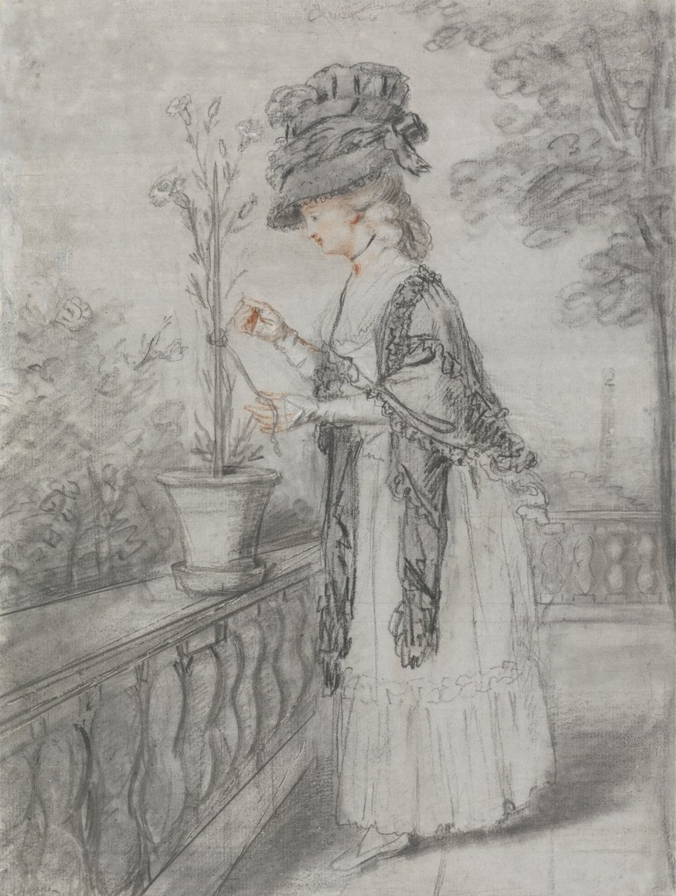Dame på en terrasse, der passer på en nellikeplante af John Raphael Smith