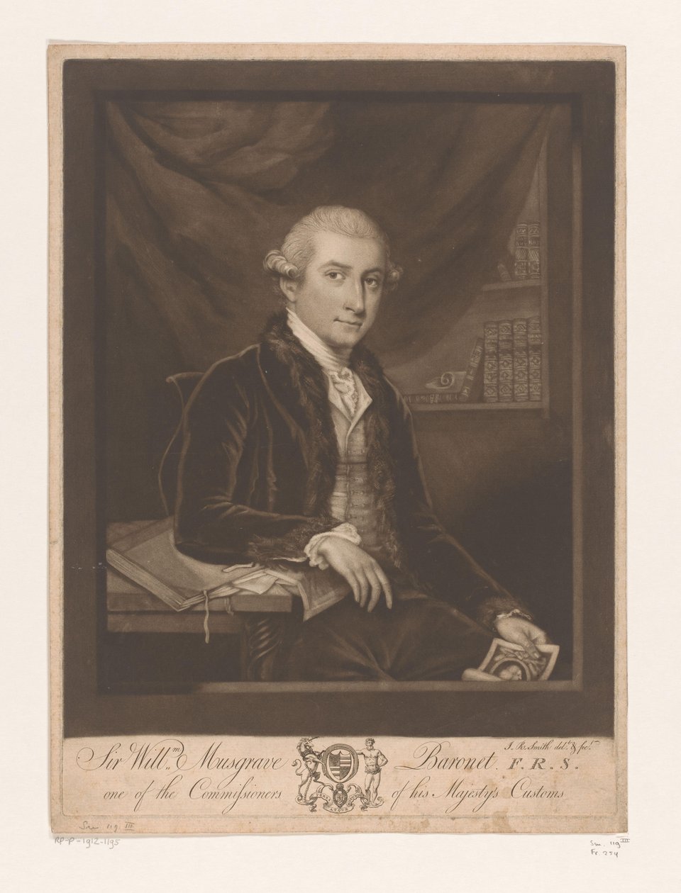 Portret af William Musgrave Sir Willm. Musgrave Baronet F.R.S. en af kommissærerne for hans Majestæts toldvæsen (titel på genstand) af John Raphael Smith