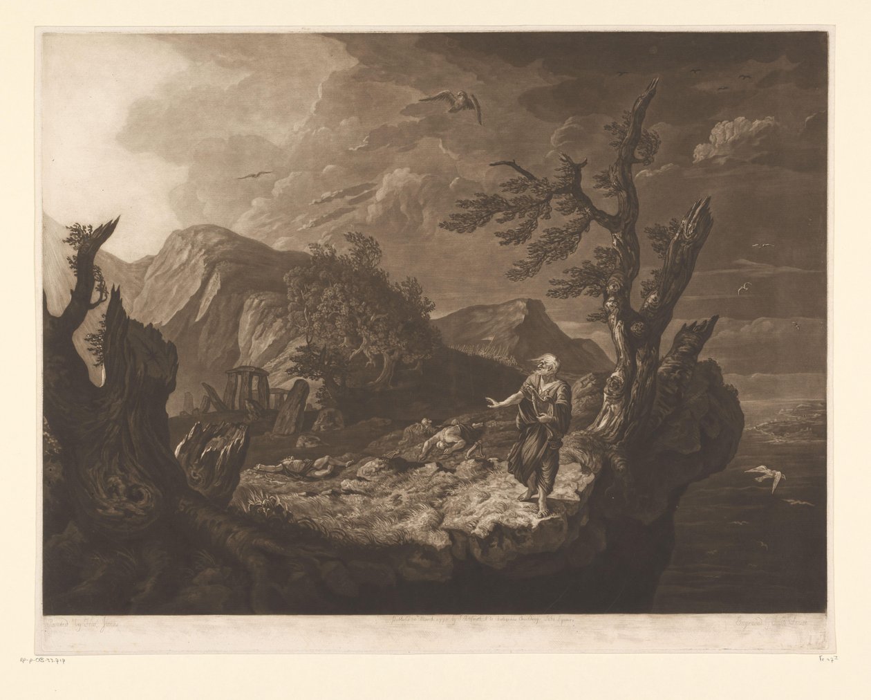 Stormfuldt landskab med bard på kanten af ​​en klippe af John Raphael Smith