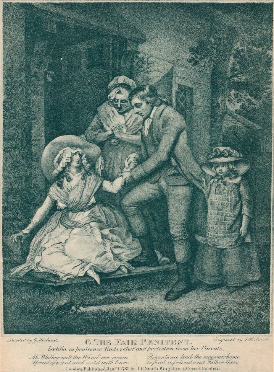 The Fair Penitent: Laetitia in Penitence finder lindring og beskyttelse fra sine forældre, 1789 af John Raphael Smith