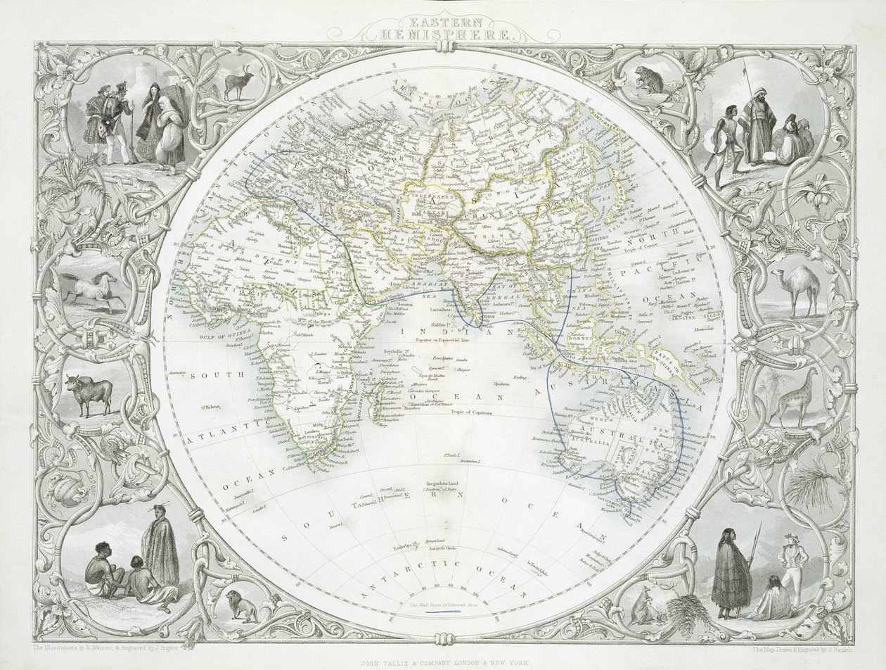 Den østlige halvkugle, fra en serie af verdenskort udgivet af John Tallis und Co., New York og London, 1850