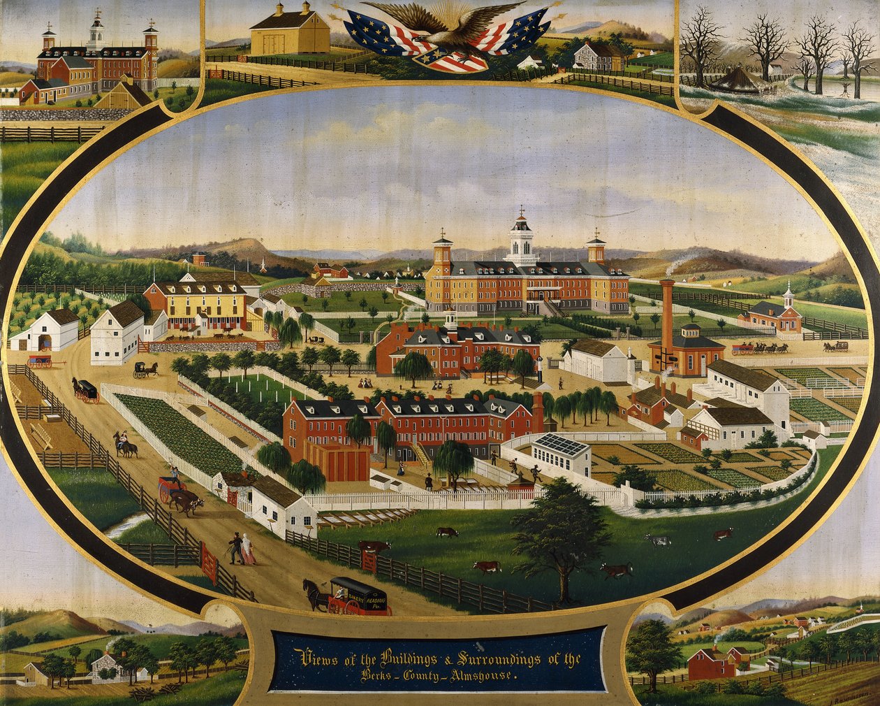 Udsigt over bygningerne og omgivelserne i Berks County Almshouse, af John Rasmussen