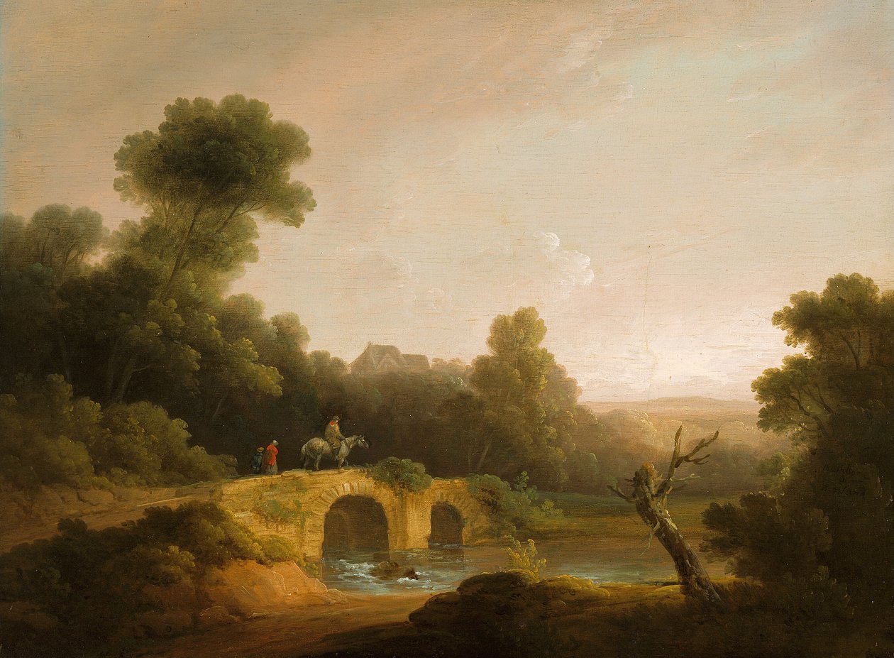 Landskab med figurer, der krydser en bro, 17901800 af John Rathbone
