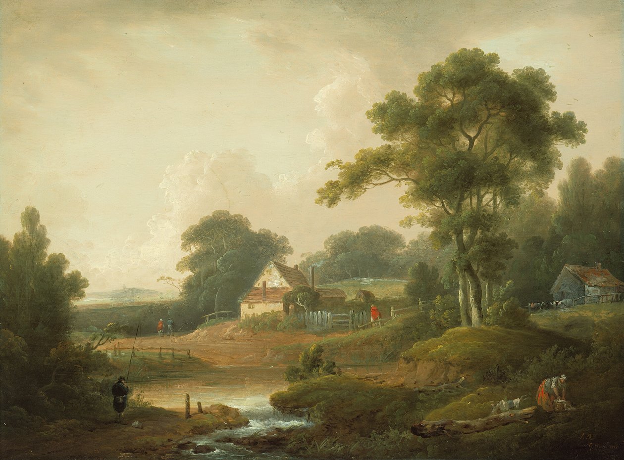 Landskab med fisker og vaskekone, 17901800 af John Rathbone