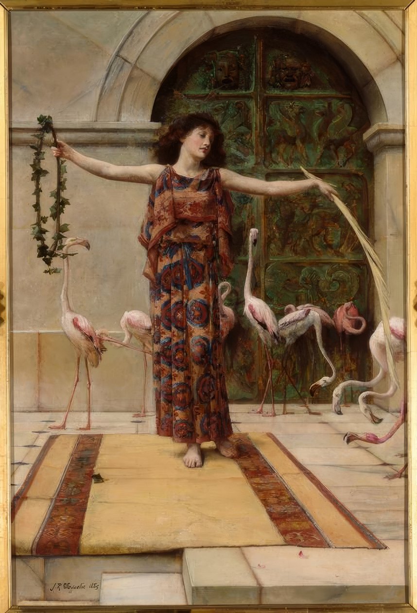 J.R.Waguelin, Kvinde med større flamingoer / maleri, 1885 af John Reinhard Weguelin
