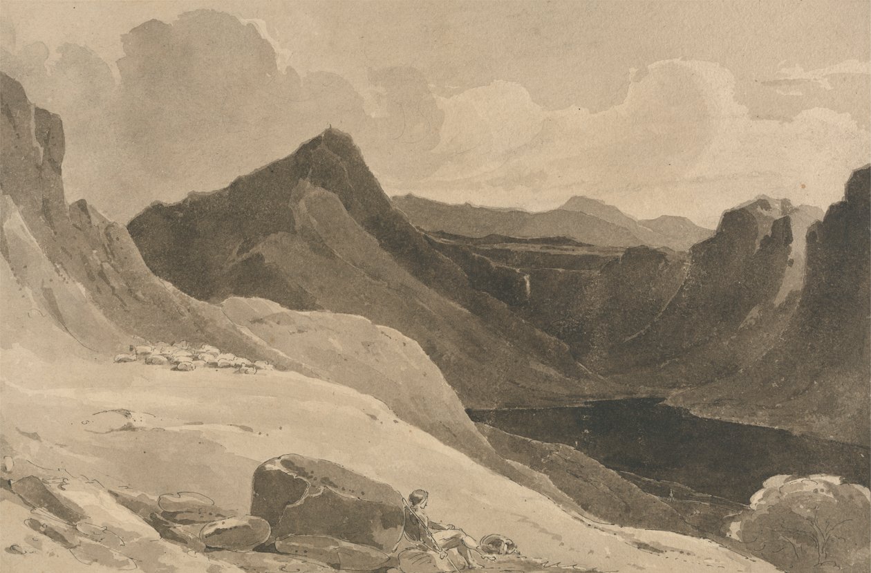 Et bjerglandskab med en hyrde af John Renton