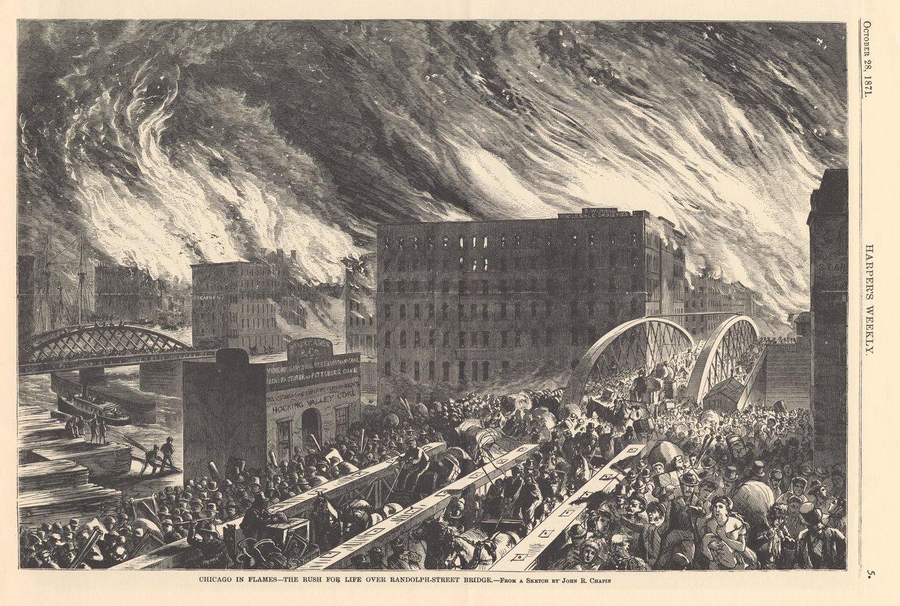 Chicago i flammer - jagten efter livet over Randolph Street Bridge, illustration fra Harpers Weekly, 1871 af John Reuben after Chapin
