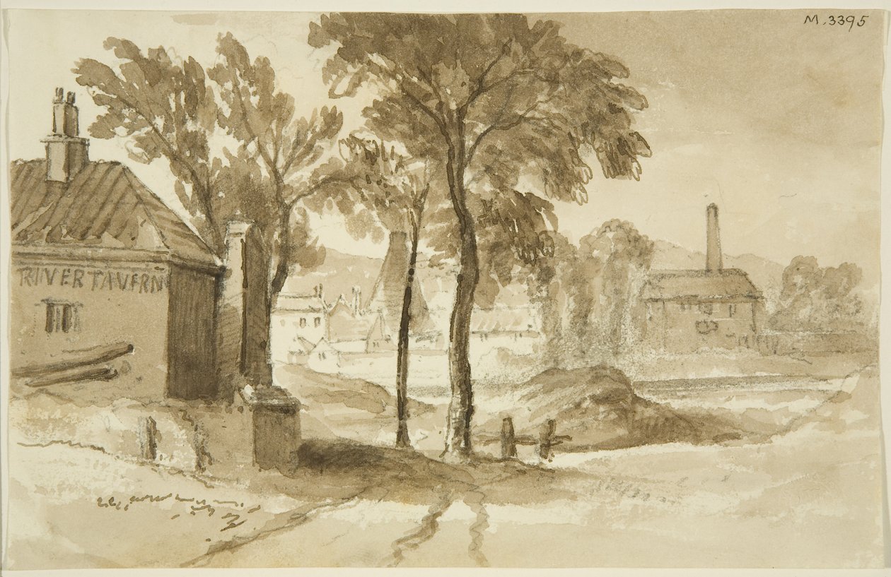 Udsigt nær Mardyke, Limekiln Lane Glasshouse, fra sydsiden af havnen, ca. 1820 (blyant og akvarel på papir) af John Reverend Eden
