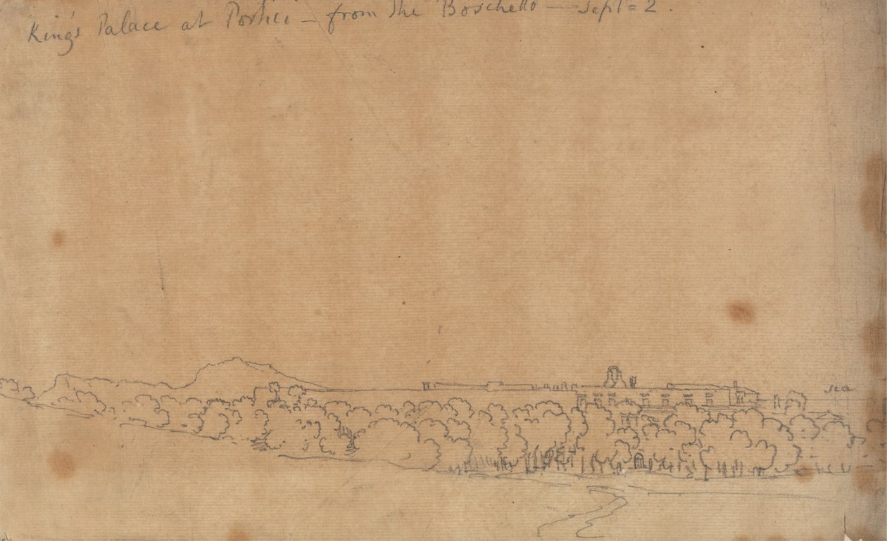 Kongens palads i Portici fra Boschetto, 2. september af John Robert Cozens