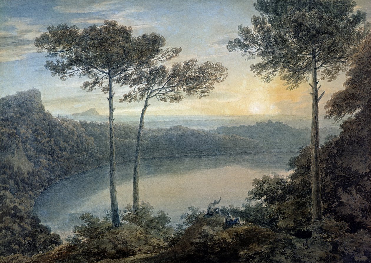 Lake Albano og Gandolfo Castle (akvarel på papir) af John Robert Cozens