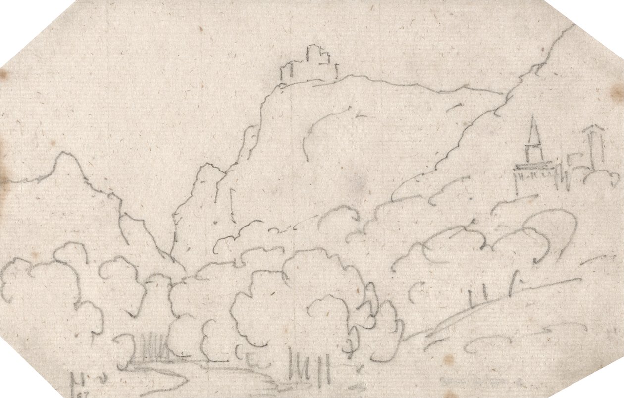 Bjergudsigt med bygninger af John Robert Cozens