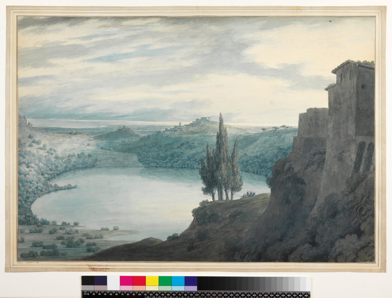 Nr.3464 Lake Nemi, Campagna, Italien, 1788 (wc, blæk og blyant) af John Robert Cozens
