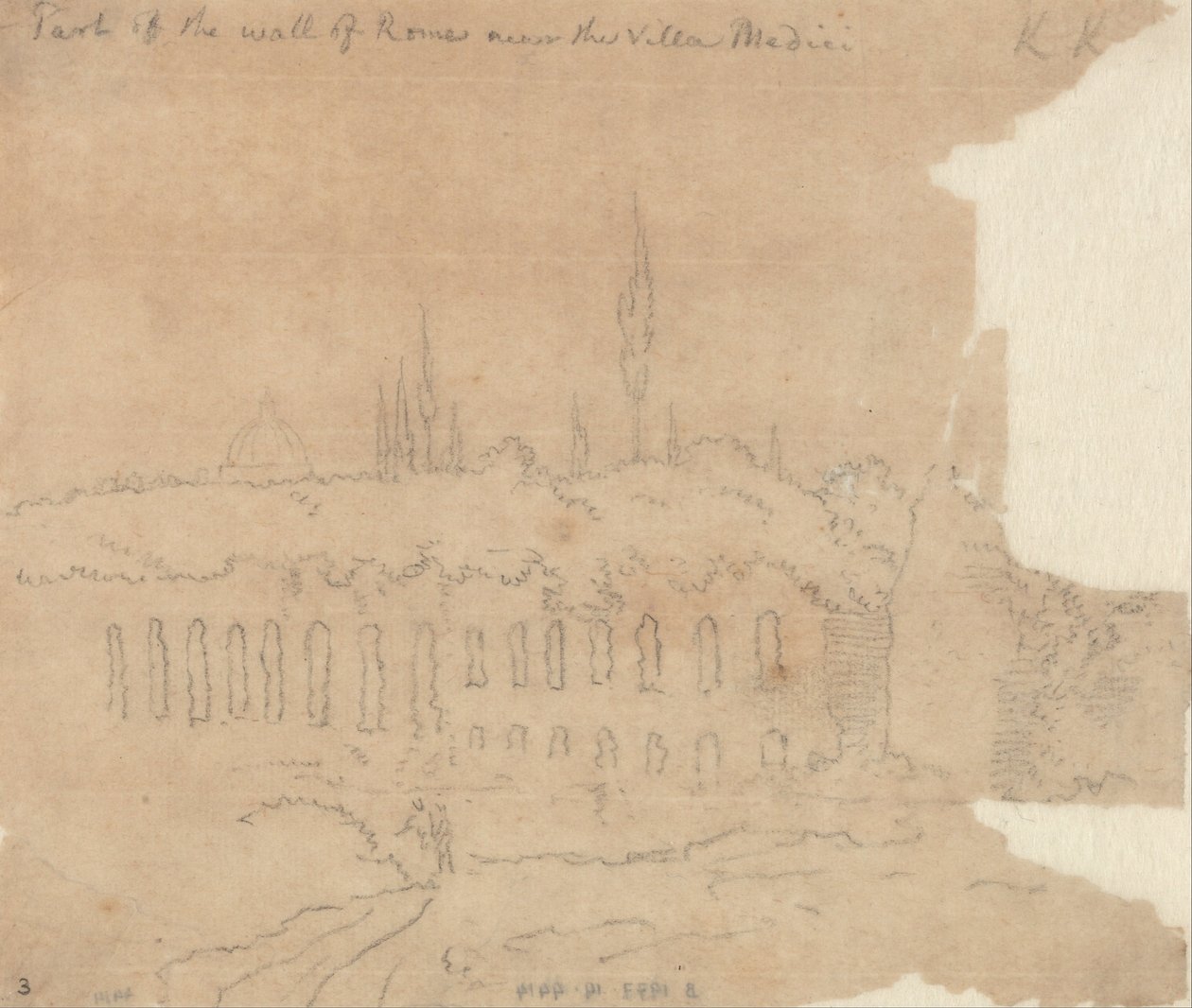 En del af Roms mur nær Villa Medici af John Robert Cozens