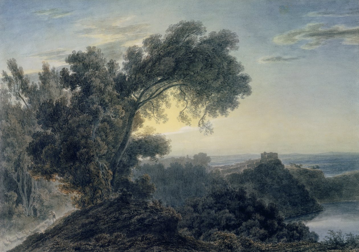 Albanosøen og slottet Gandolfo (akvarel over grafit på vævet papir) (se også 151685) af John Robert Cozens