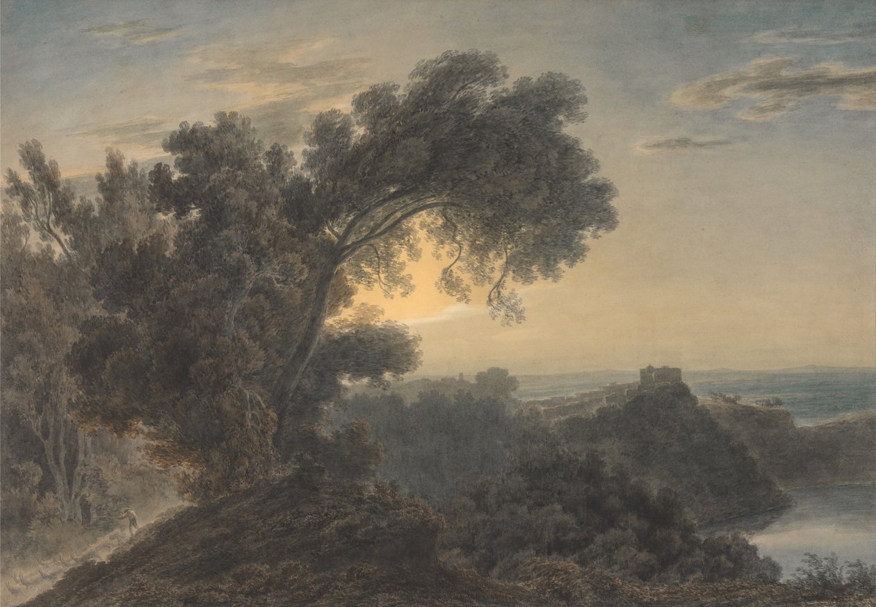 Albanosøen og slottet Gandolfo af John Robert Cozens