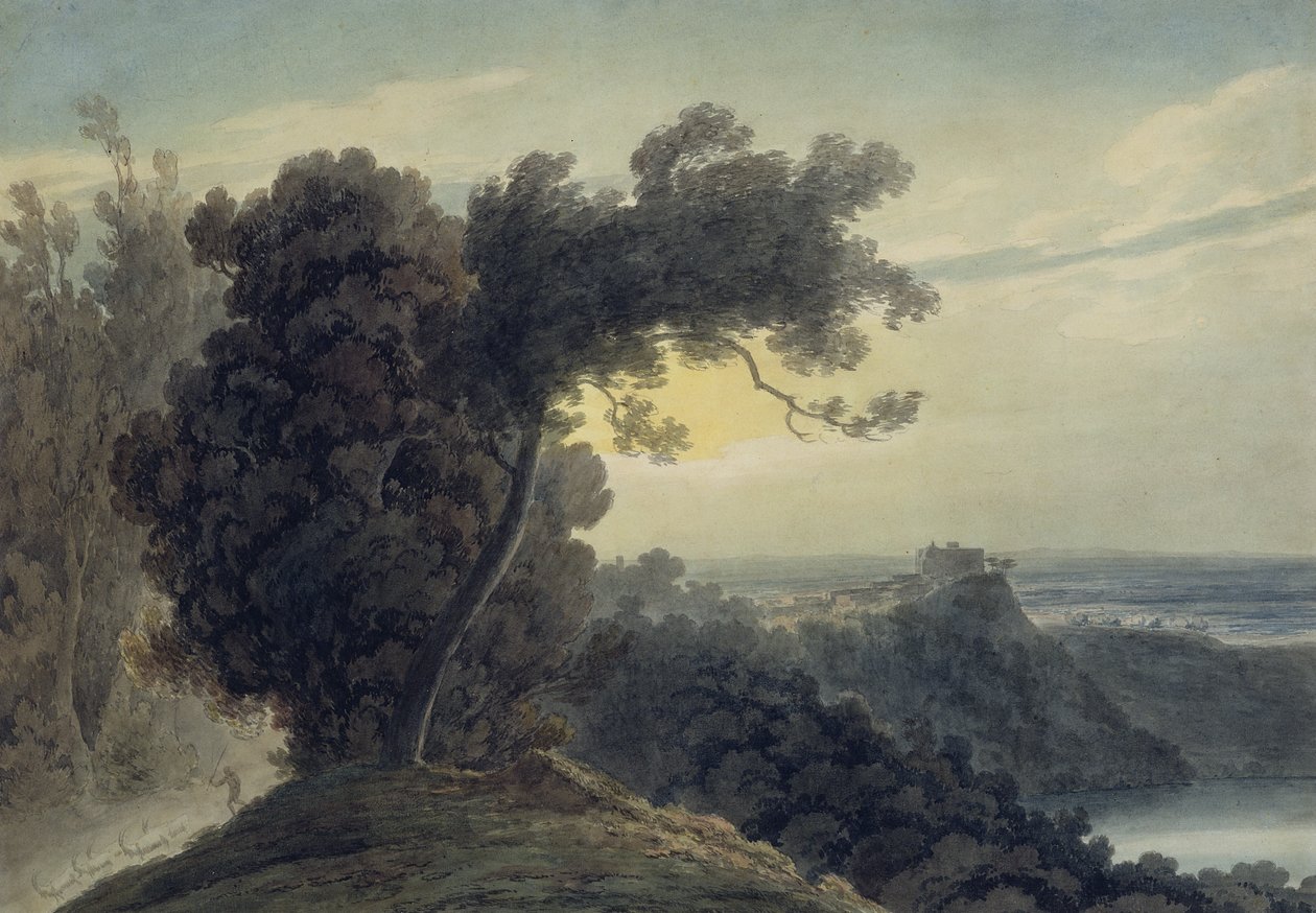 Albanosøen og slottet Gandolfo, ca. 1783-85 (grafit og akvarel på vævet papir) (se også 252095) af John Robert Cozens
